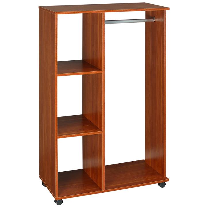 HOMCOM Open Wardrobe with Hanging Rail and Storage Shelves w/Wheels Bedroom-Walnut