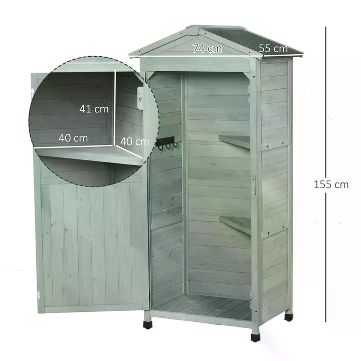 Wooden Garden Cabinet 3-Tier Storage Shed 2 Shelves Lockable Organizer with Hooks Foot Pad 74 x 55 x 155cm Green