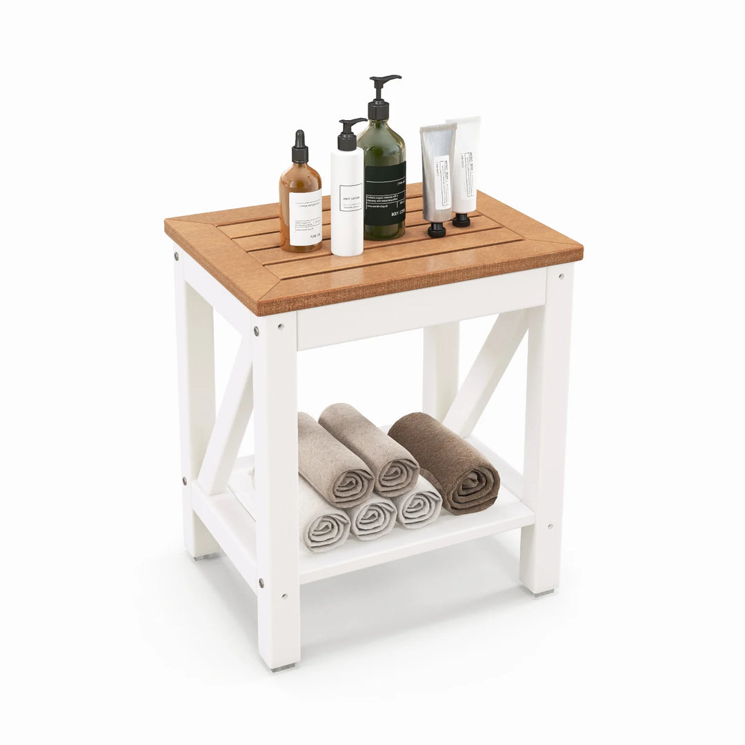 2-Tier Waterproof Shower Bench with Storage Shelf-Brown