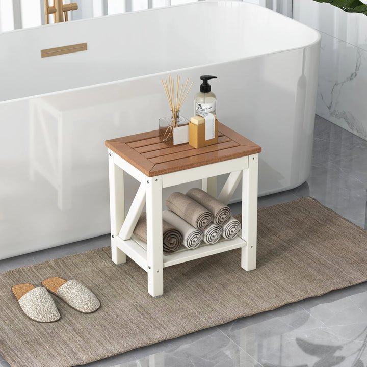 2-Tier Waterproof Shower Bench with Storage Shelf-Brown