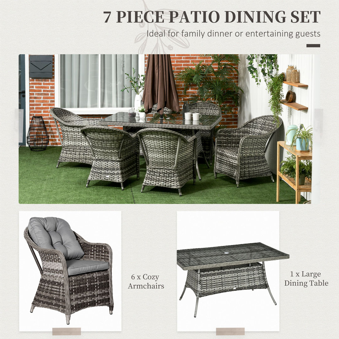 7 Pieces PE Rattan Dining Set Furniture Patio Wicker Furniture with Tempered Glass Table Top, Umbrella Hole and Cushions, Grey