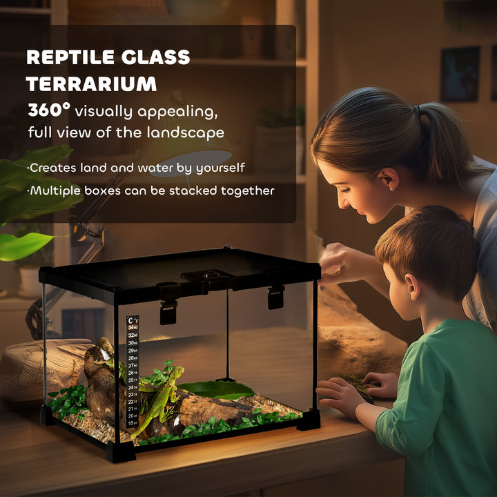 PawHut 30 x 30 x 20 cm Reptile Glass Terrarium, Reptile Breeding Tank, Climbing pet Glass Containers, Arboreal Box, with Strip Patch Thermometer-Black