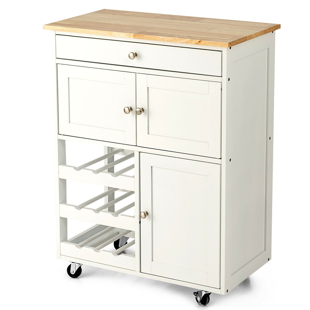 Rolling Kitchen Cart with 3 Tier Wine Racks and Cupboards-White