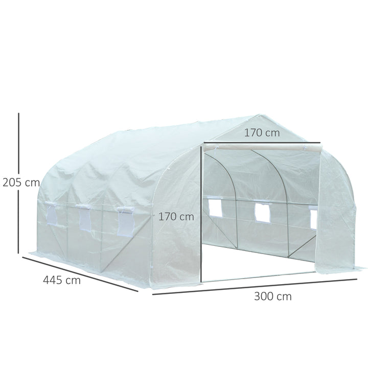 Outsunny 4.5 x 3 x 2m Walk-In Greenhouse Polytunnel Greenhouse Garden Hot House with Steel Frame, Roll Up Door and Windows, White