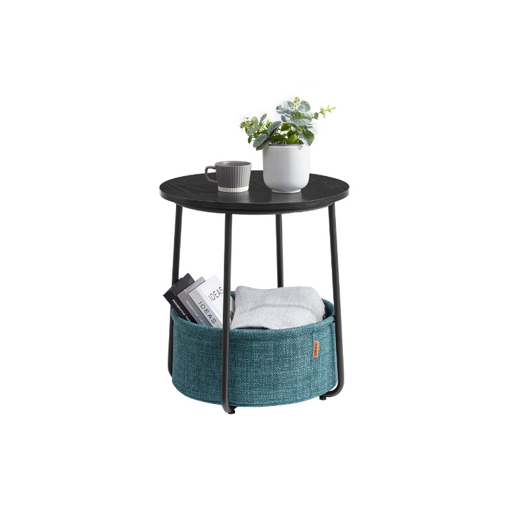 Modern Nightstand with Fabric Basket - Black &amp; Wood Grain