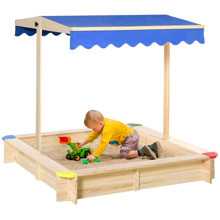 Kids Wooden Sandpit Children Cabana Square Sandbox Outdoor Backyard Playset Play Station Adjustable Canopy Bench Seat 120x120x120cm