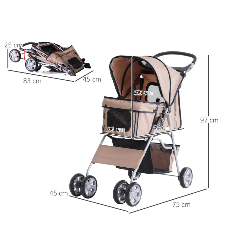 PawHut Dog Pram Pet Stroller Foldable Dog Pushchair with Wheels Zipper Entry Cup Holder Storage Basket Brown