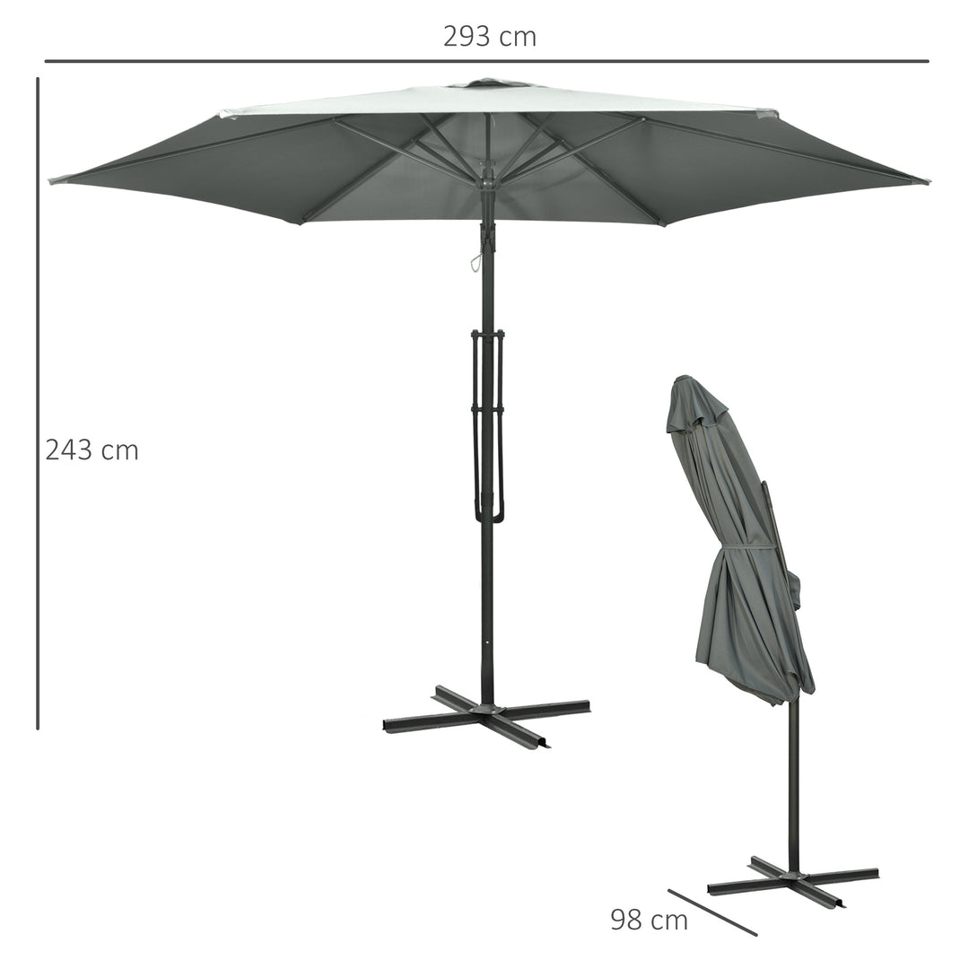 3m Cantilever Parasol with Easy Lever, Patio Umbrella with Crank Handle, Cross Base and 6 Metal Ribs, Outdoor Sun Shades for Garden, Grey