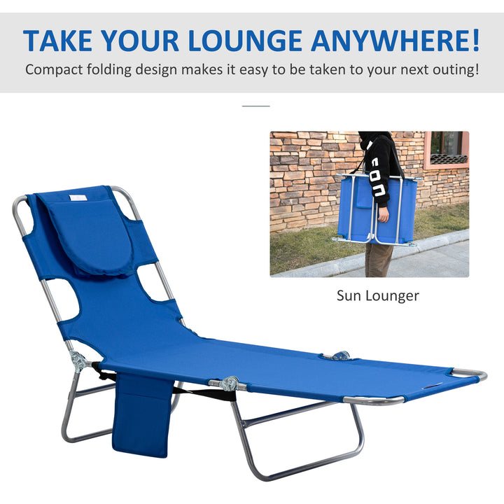 2 Pieces Foldable Sun Lounger with Reading Hole, Portable Sun Lounger with 5 Level Adjustable Backrest, Reclining Lounge Chair with Side Pocket, Headrest Pillow, Blue