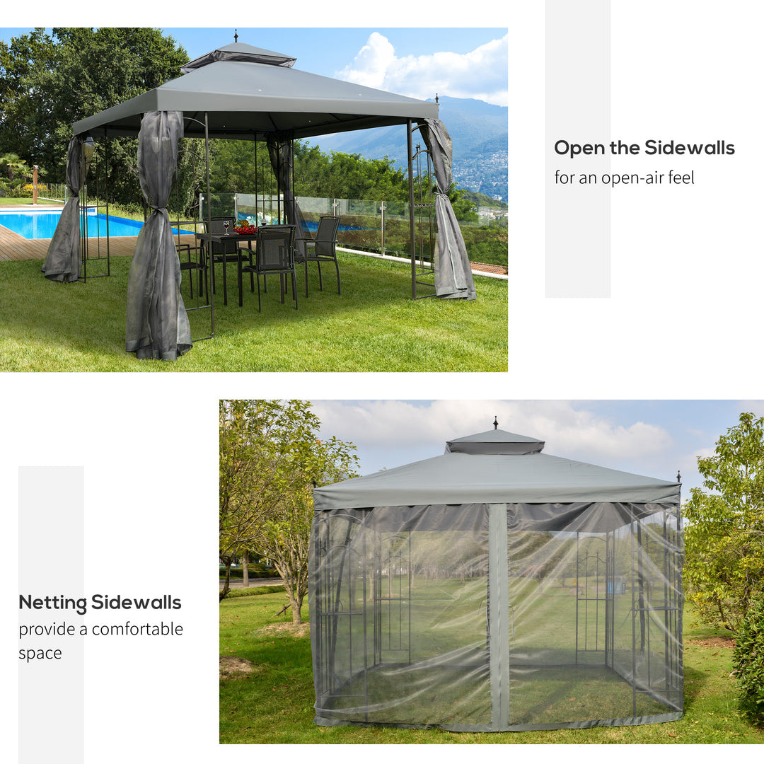 Outsunny 3(M)x3(M) Garden Gazebo Double Top Outdoor Canopy Patio Event Party Wedding Tent Backyard Sun Shade with Mesh Curtain - Grey