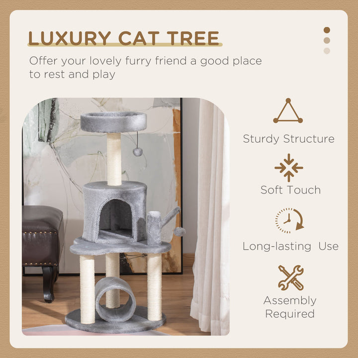 PawHut Cat Tree Tower Climbing Activity Center Kitten Furniture with Jute Scratching Post Bed Tunnel Perch Hanging Balls Grey