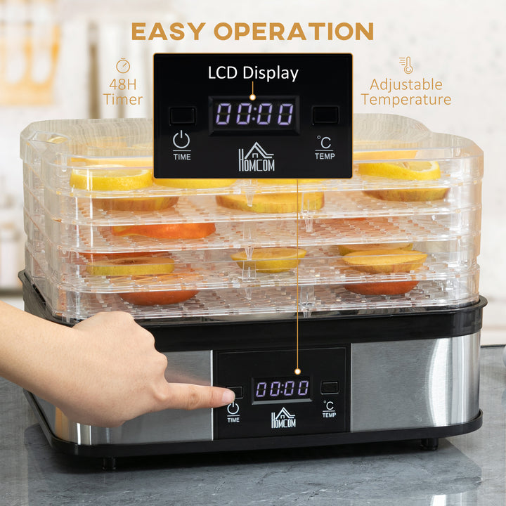 5 Tier Food Dehydrator, 245W Stainless Steel Food Dryer Machine with Adjustable Temperature, Timer and LCD Display for Drying Fruit, Silver