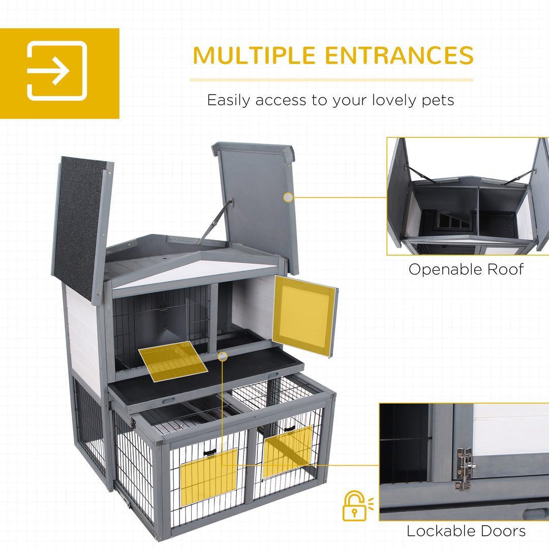 2 Tier Wooden Rabbit Hutch Small Animal Cage Slide Out Tray Ramp Outdoor Run Openable Roof Grey 101.5 x 90 x 100 cm