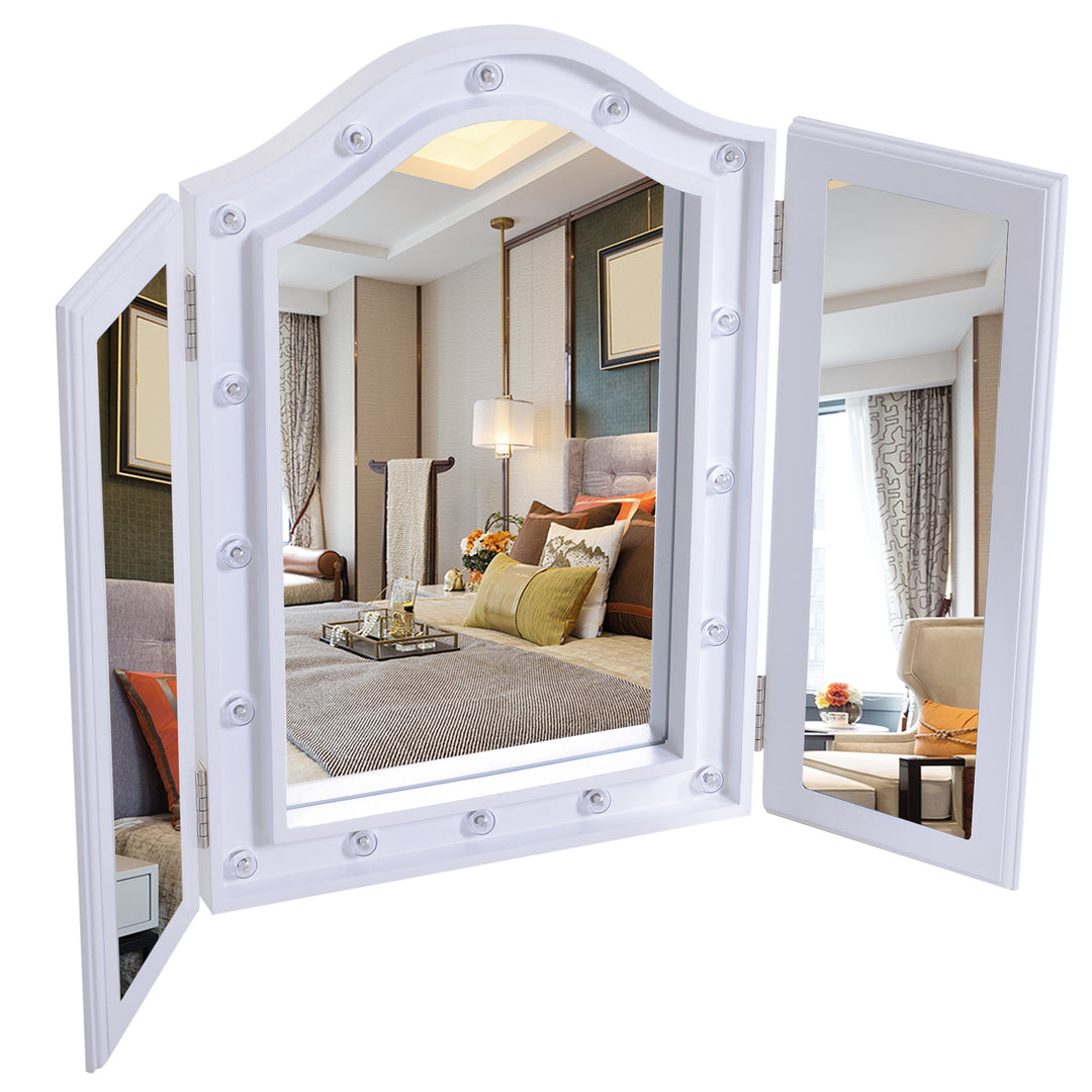 Trifold Freestanding Mirror, Lighted Tabletop Vanity Mirror Large Cosmetic w/16 LED Lights powered by batteries Foldable For Bedroom- White