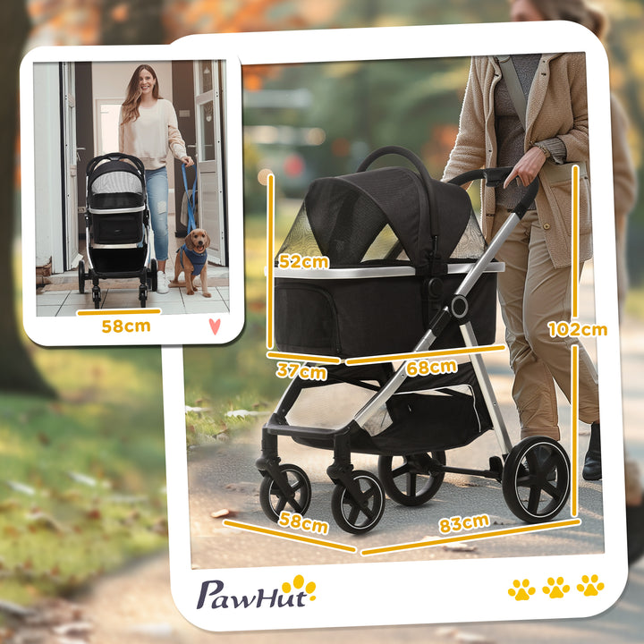 PawHut 3 in 1 Foldable Dog Pushchair, Detachable Travel Stroller w/ EVA Wheels, Adjustable Canopy, Safety Leash, Cushion, for Small Pets - Black