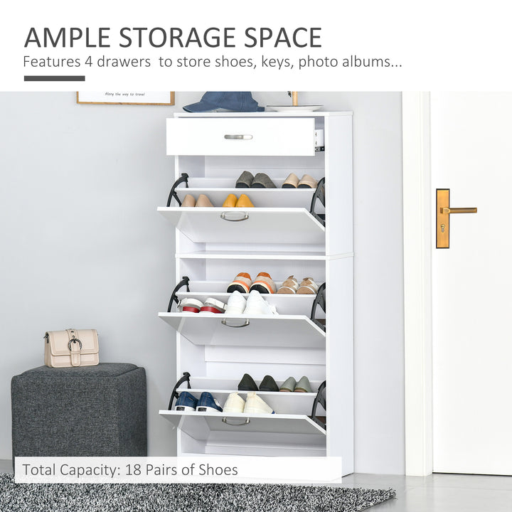 Shoe Cabinet with 4 Drawers Storage High Gloss Cupboard with Flip Doors Pull Down Furniture Unit with Adjustable Shelves for 18 Pairs White