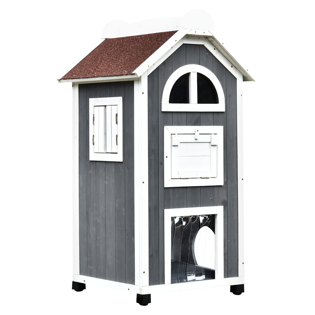 PawHut Wooden Cat House, Weatherproof Pet Shelter, Outdoor Cat Condos Cave, 2 Floor Furniture, Grey and White