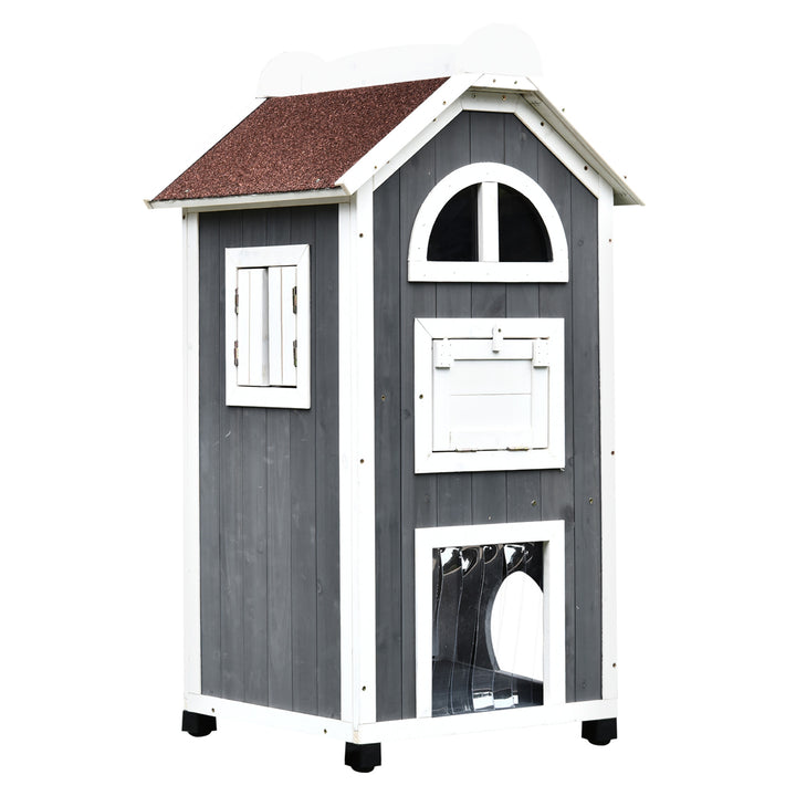 PawHut Wooden Cat House, Weatherproof Pet Shelter, Outdoor Cat Condos Cave, 2 Floor Furniture, Grey and White