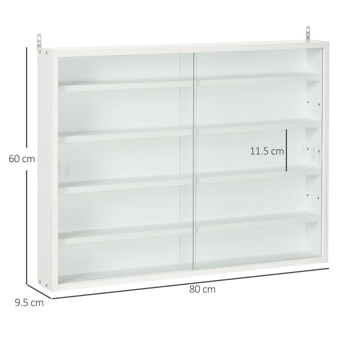 5-Tier Wall Display Shelf Unit Cabinet w/ 4 Adjustable Shelves Glass Doors Home Office Ornaments 60x80cm White