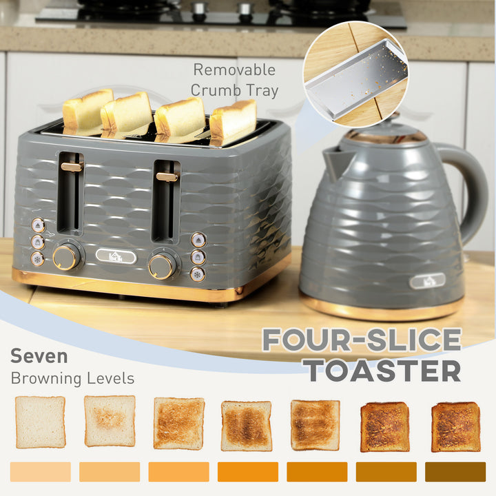 Kettle and Toaster Sets, 1600W 1.7L Rapid Boil Kettle & 4 Slice Toaster w/7 Browning Controls Defrost Reheat Crumb Tray Otter thermostat Grey