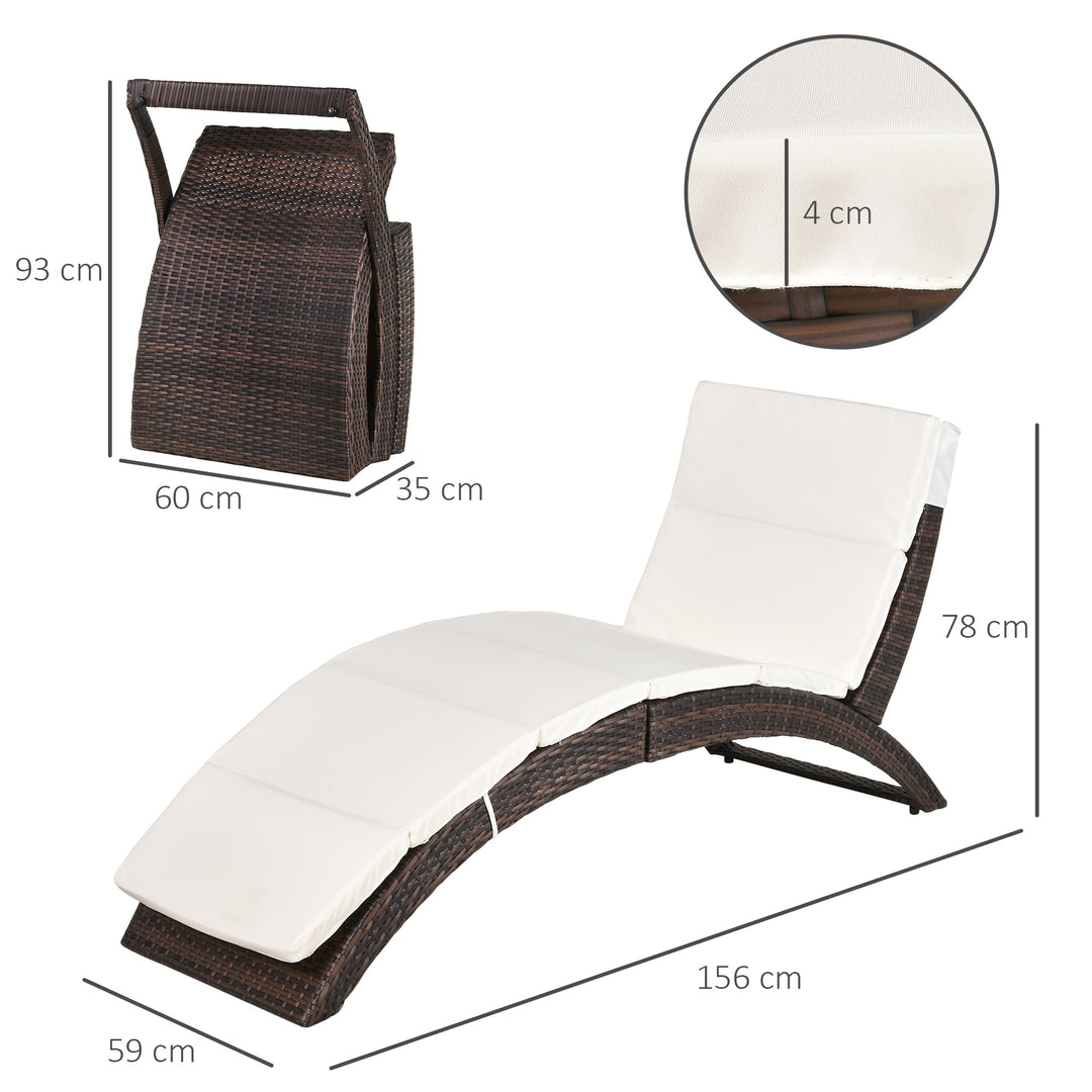 Outsunny Garden Patio Rattan Wicker Folding Sun Lounger Recliner Bed Chair with Cushion for Outdoor, Mixed Brown, White
