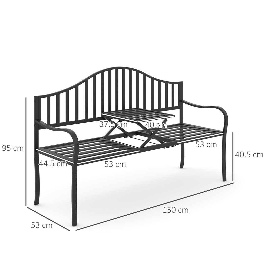 Outdoor Metal Frame Bench Patio Park Garden Seating Chair with Foldable Middle Table