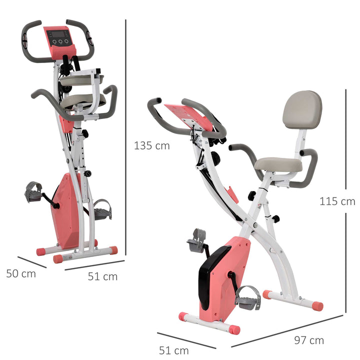 HOMCOM 2-in-1 Upright  Exercise Bike Stationary Foldable Magnetic Recumbent Cycling with Arm Resistance Bands Pink