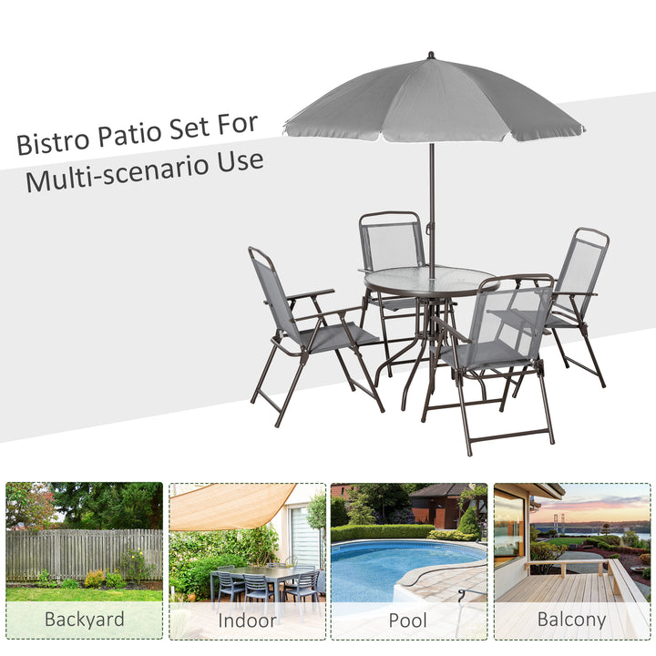 6 Piece Patio Dining Set with Umbrella, 4 Folding Dining Chairs & Round Tempered Glass Table for Garden, Backyard and Poolside, Grey
