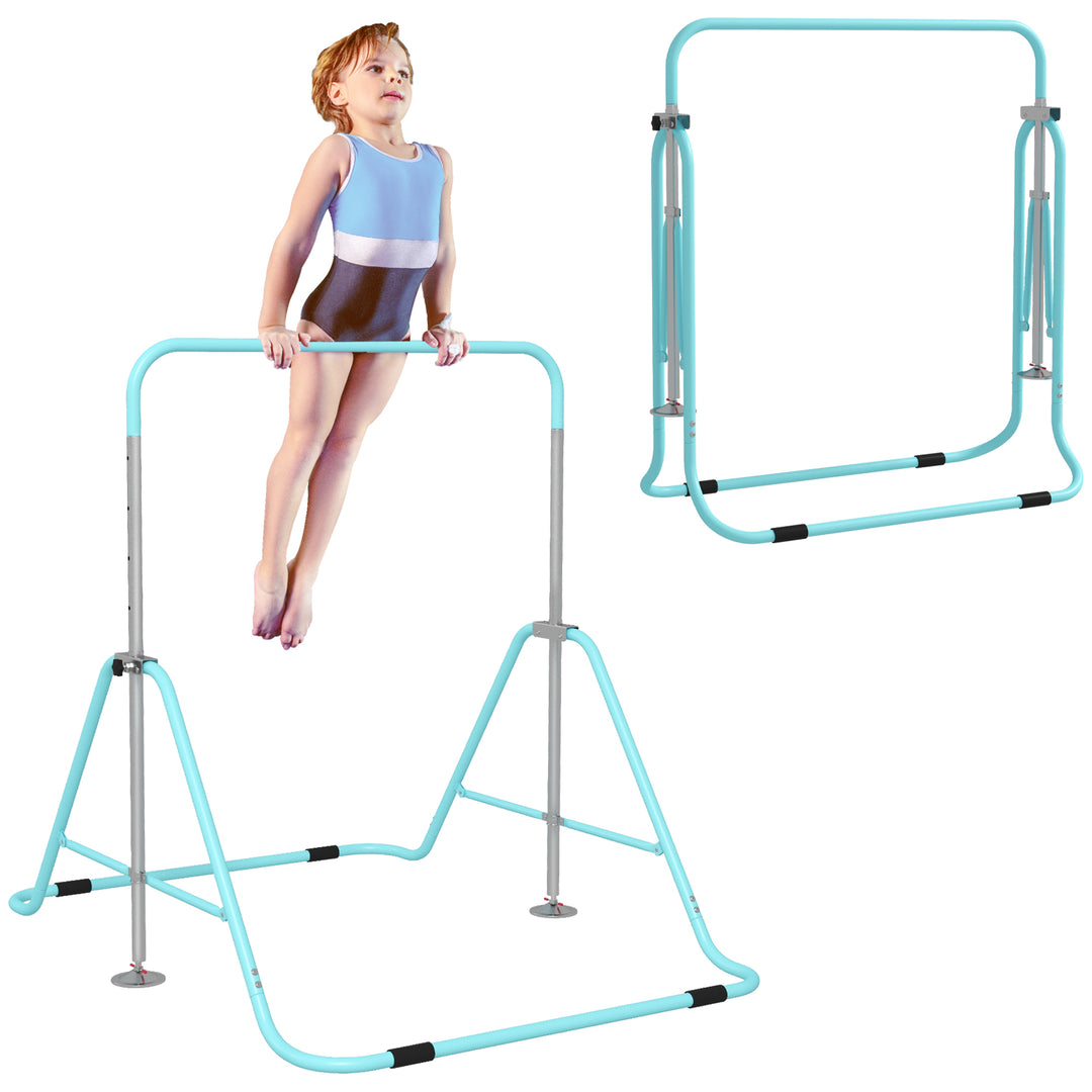 Kids Gymnastics Bar, Foldable Horizontal Bars w/ Adjustable Height, Training Bar w/ Triangle Base - Green