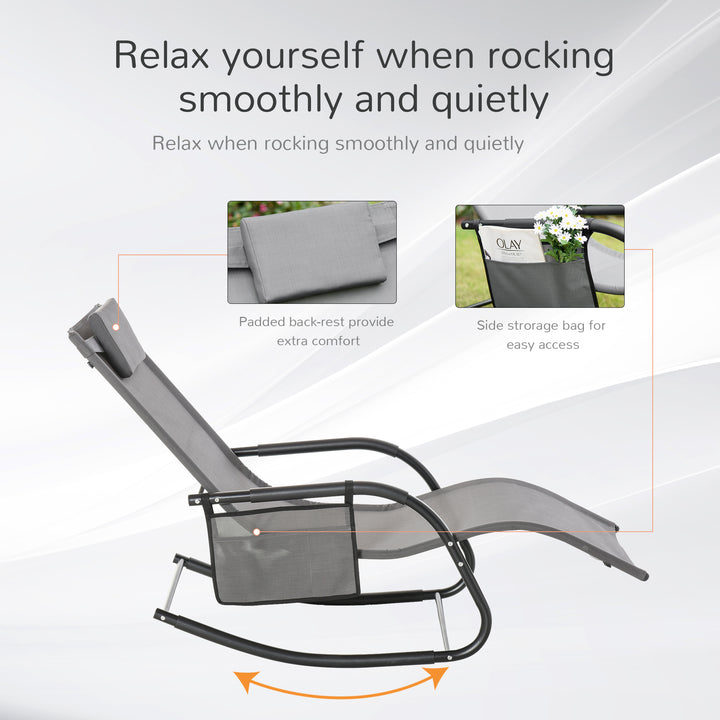 Breathable Mesh Rocking Chair Patio Rocker Lounge for Indoor &amp; Outdoor Recliner Seat w/ Removable Headrest for Garden and Patio Grey