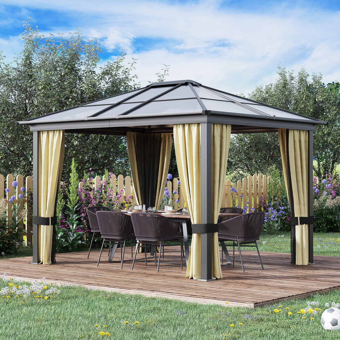 Outsunny 3.6 x 3(m) Hardtop Gazebo Canopy with Polycarbonate Roof and Aluminium Frame, Garden Pavilion with Mosquito Netting and Curtains, Brown