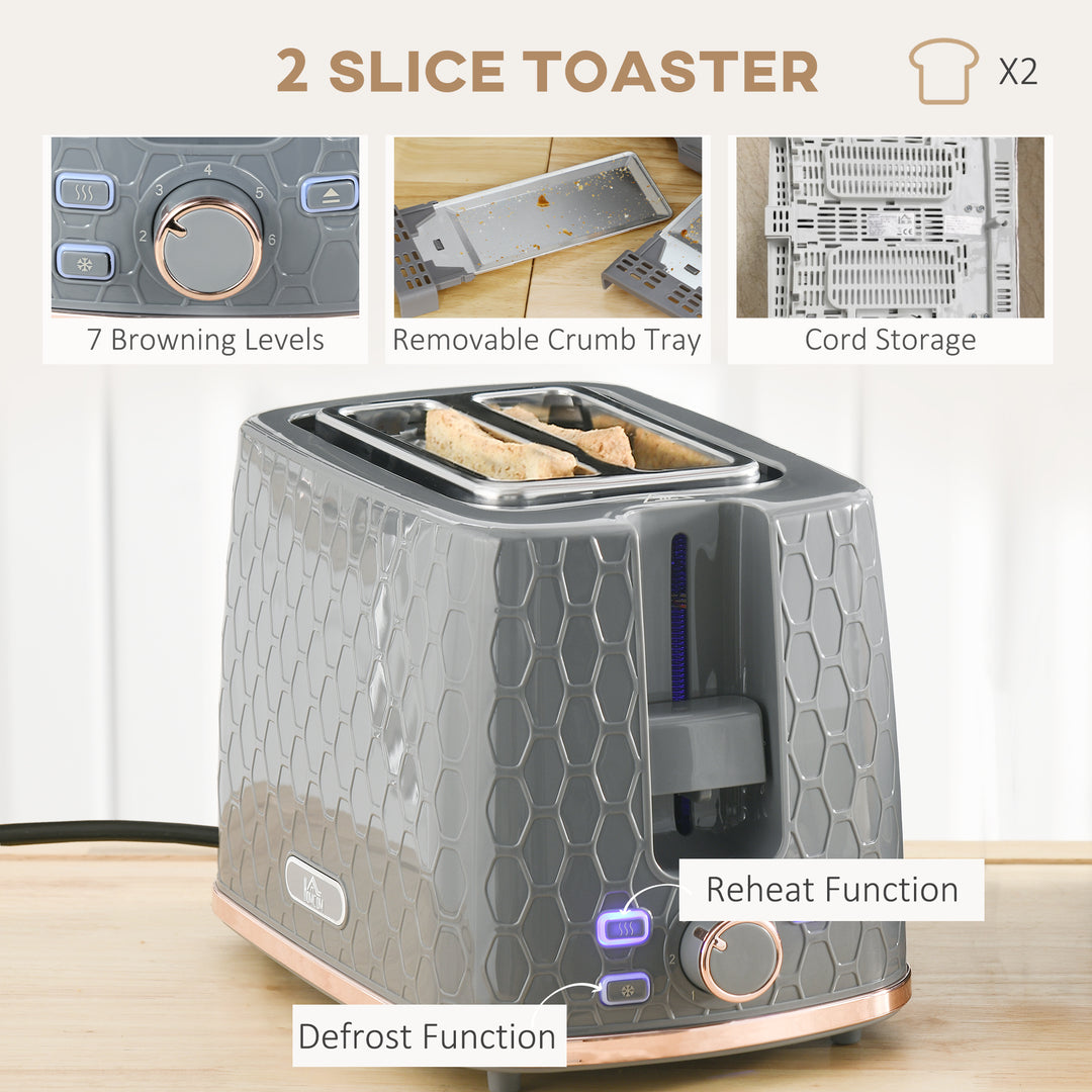 Fast Boil Kettle & 2 Slice Toaster Set, Kettle and Toaster with Auto Shut Off, Browning Controls, 1.7L 3000W Grey