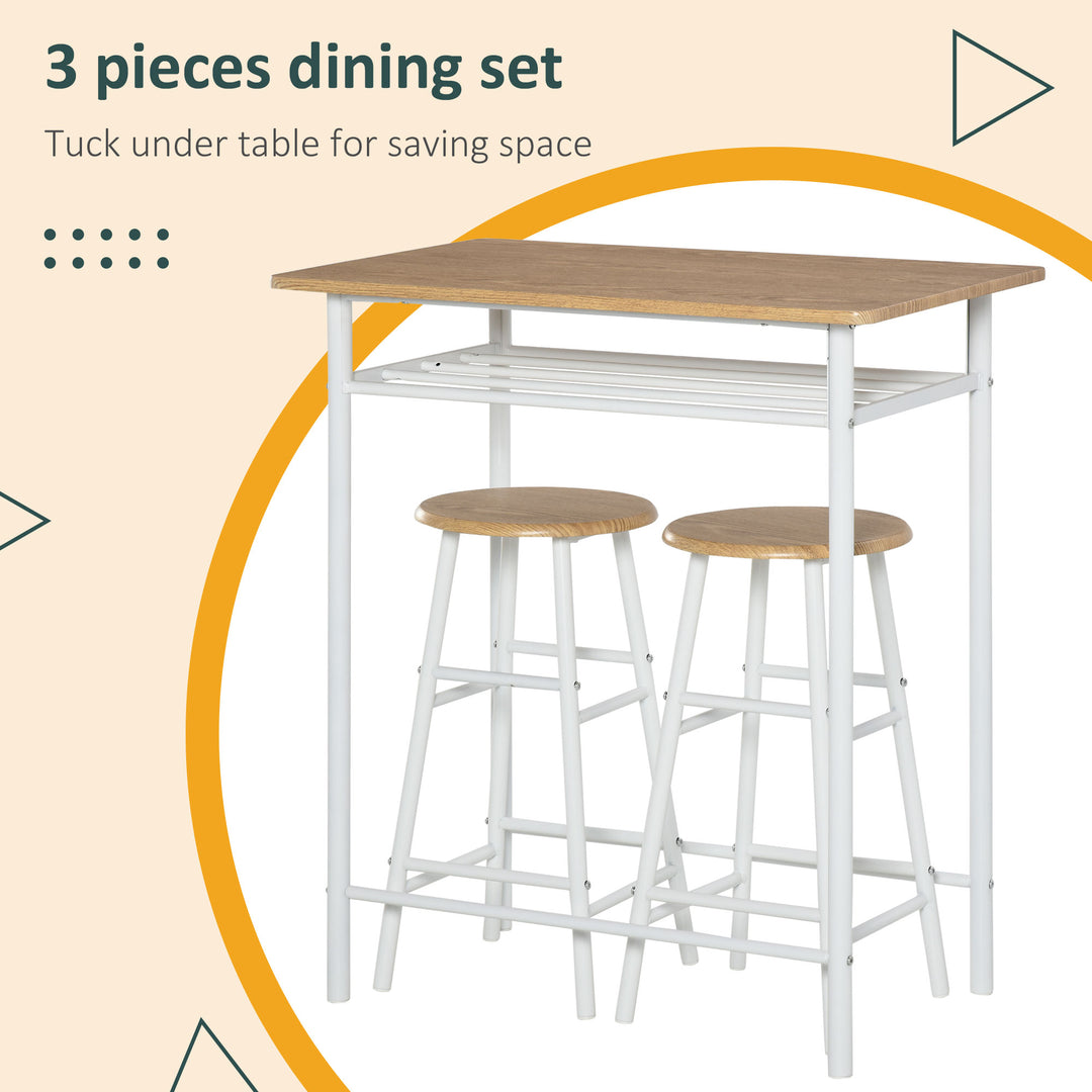 Bar Table Set, Bar Set-1 Bar Table and 2 Stools with Metal Frame Footrest and Storage Shelf for Kitchen, Dining Room, Pub, Cafe, White and Oak