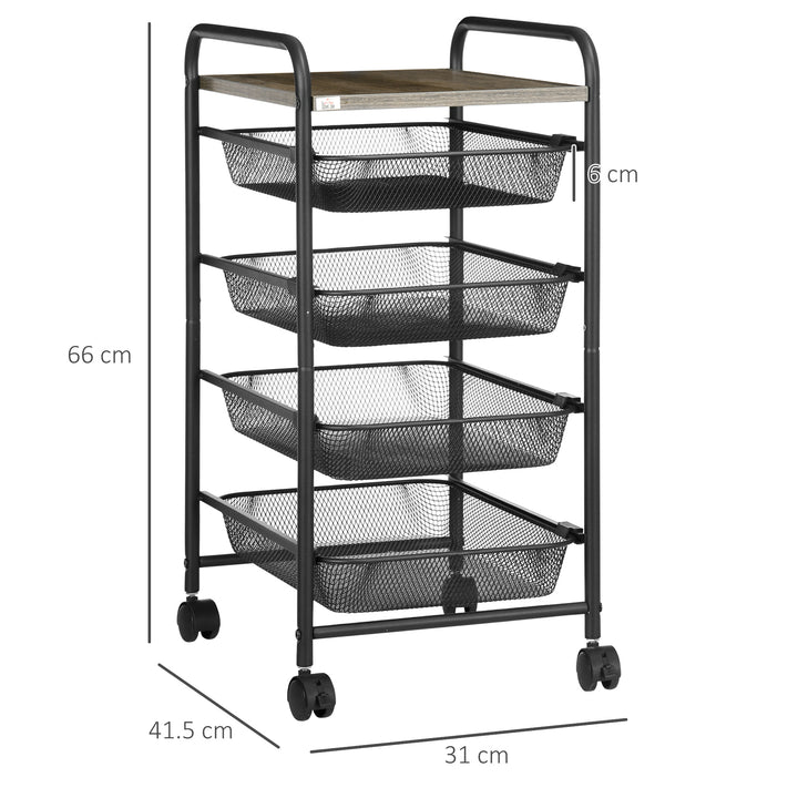 Storage Trolley on Wheels, Rolling Utility Serving Cart with 4 Mesh Trays for Living Room, Kitchen, Black