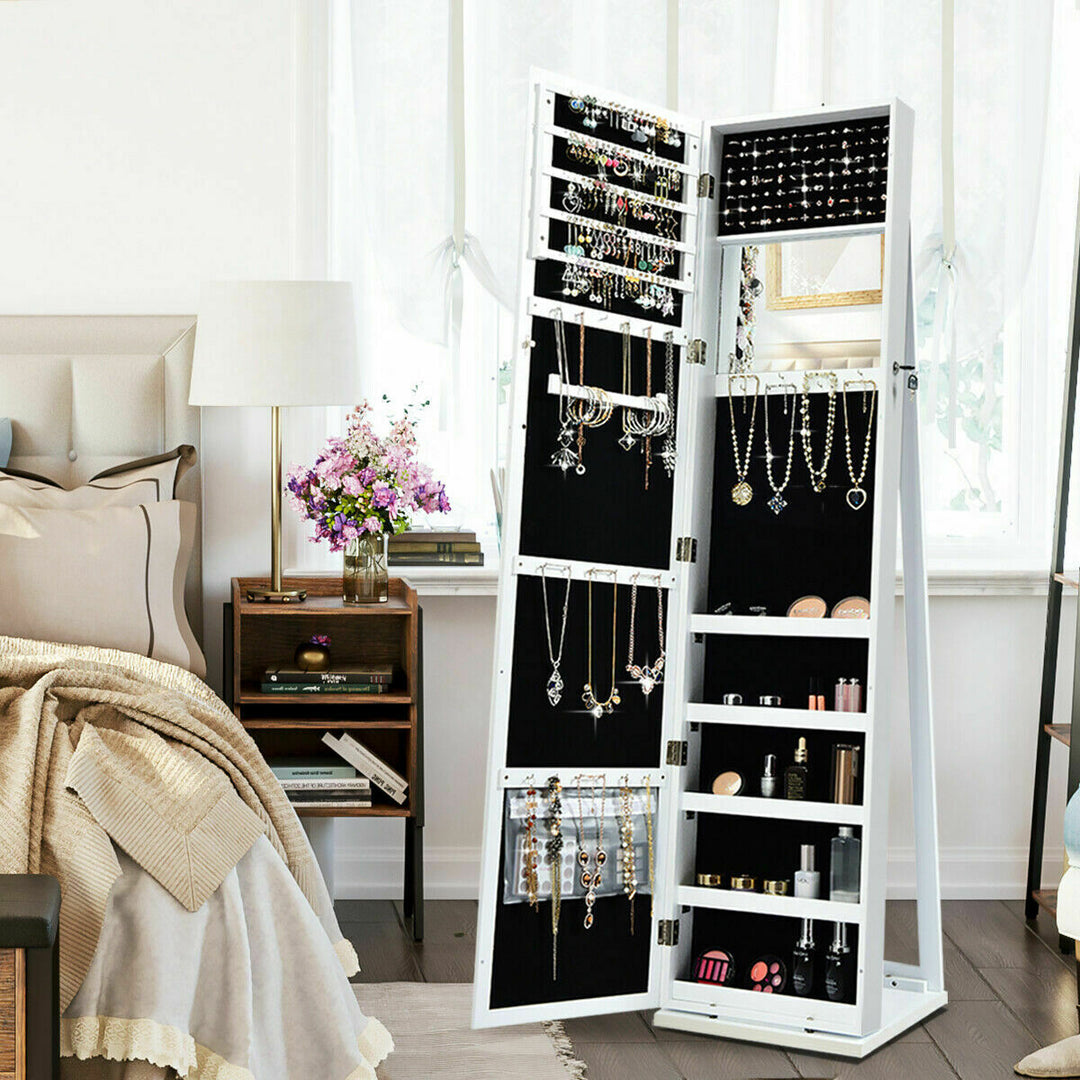Swivel Mirrored Jewellery Armoire with Display Shelves-White