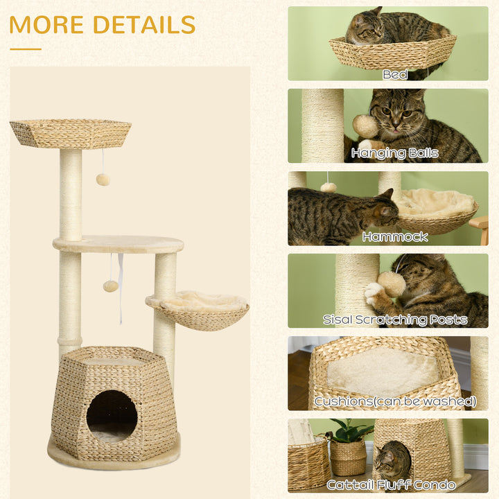 Cat Tree Tower for Indoor Cats, Climbing Activity Centre, Kitten Furniture with Cattail Fluff Bed House, Sisal Scratching Post, Hanging Ball, 50 x 50 x 119cm, Natural