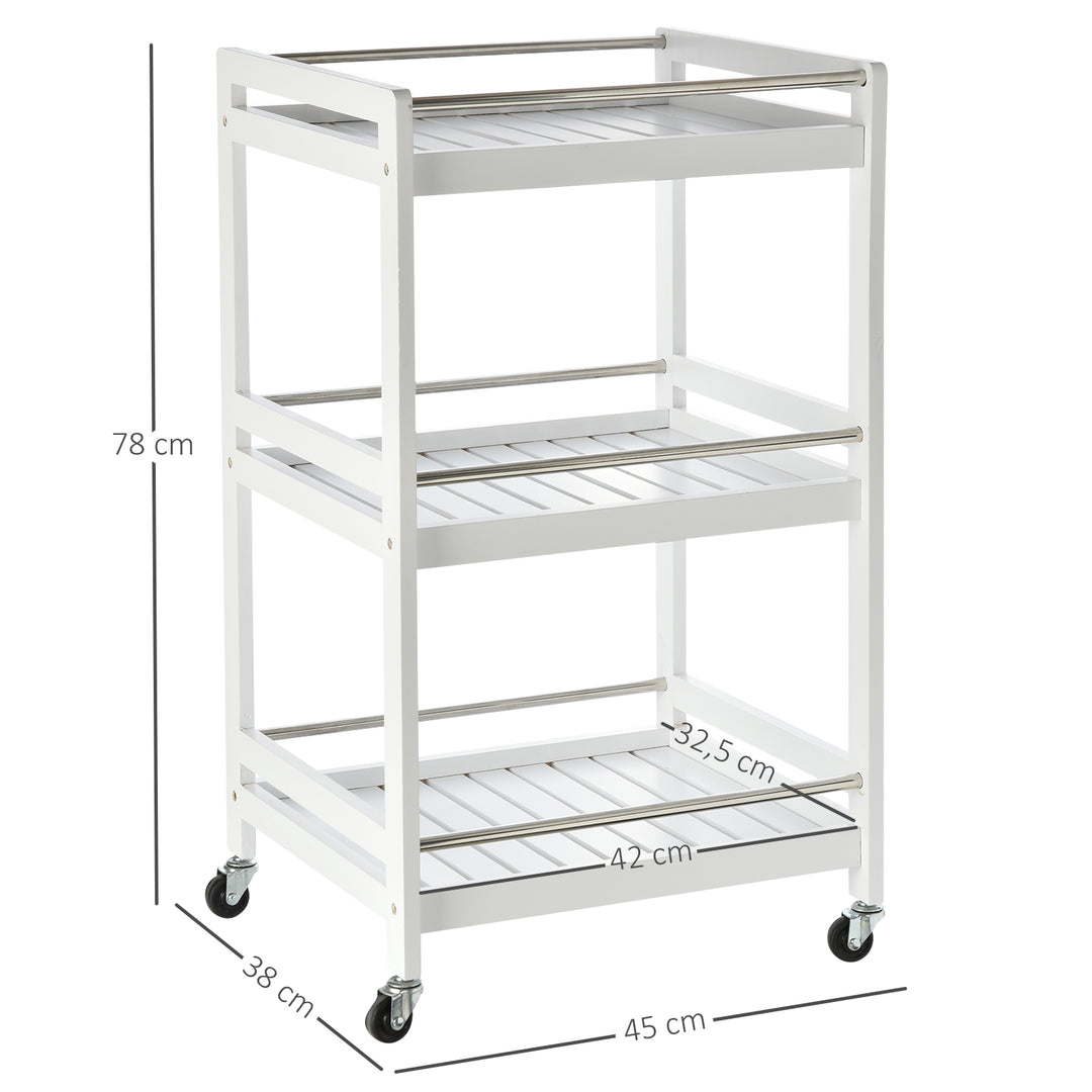 3-Tier Home Trolley Kitchen Storage w/ Steel Bars 4 Wheels Rolling Unit Organiser Living Room White