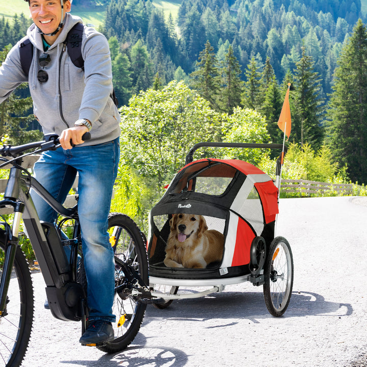 Dog Bike Trailer, Two-In-One Foldable Pet Bike Trailer w/ Safety Leash, Flag, for Small Cats, Puppies, Camping, Hiking - Red