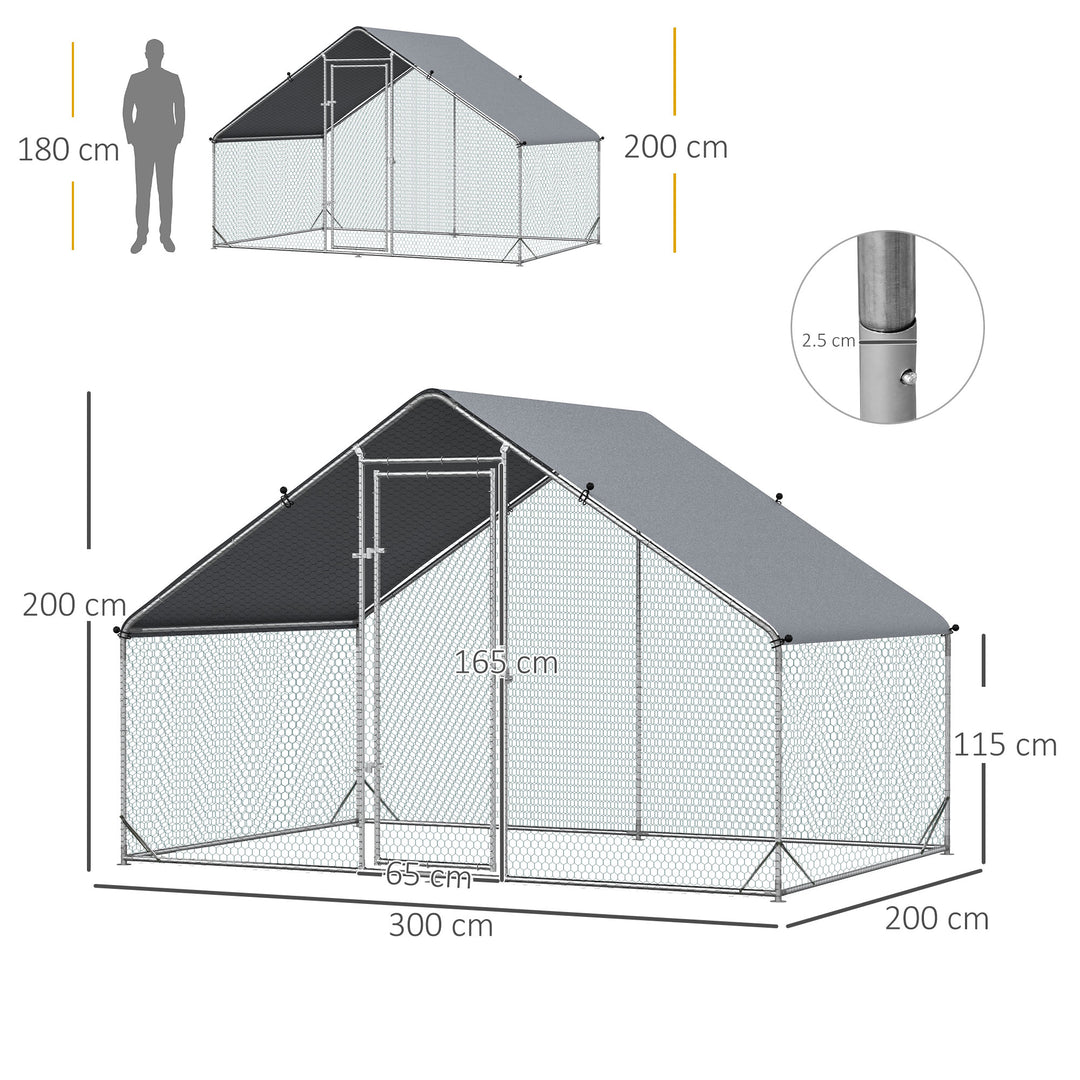 PawHut Walk In Chicken Run Galvanized Chicken Coop Hen Poultry House Cage Rabbit Hutch Pet Playpen Backyard With Water-Resist Cover, 3 x 2 x 2m