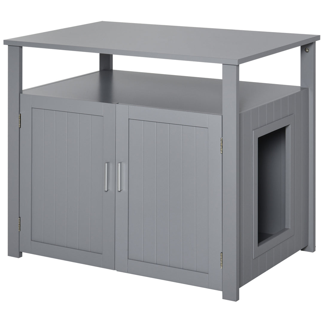 Wooden Cat Litter Box Enclosure Furniture with Adjustable Interior Wall & Large Tabletop for Nightstand, Grey