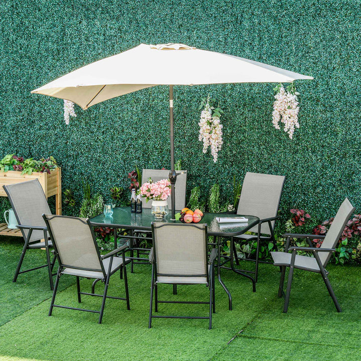Garden Patio Outdoor 7pcs Classic Outdoor Steel Frames Dining Set w/ 6 Folding Chairs, Glass Top Table, Texteline Seats,Black &amp; Grey Cushion