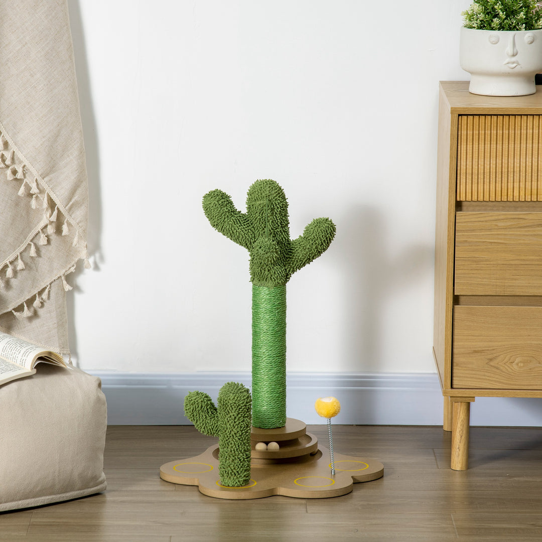 PawHut 60cm Cactus-shaped Cat Tree, Kitty Activity Center with Turntable Interactive Ball Toys, Chenille Cat Tower with Sisal Scratching Post, Green