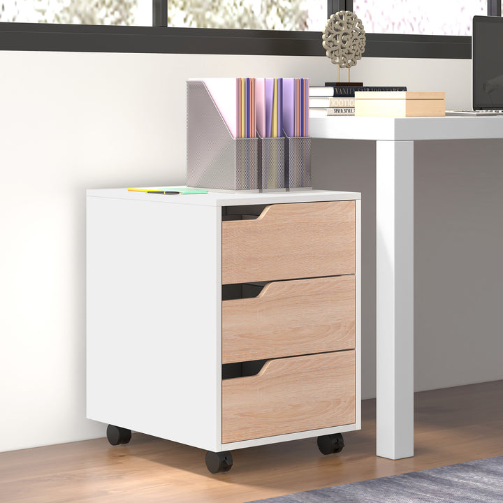 HOMCOM MDF Mobile File Cabinet pedestal with 3 Drawers Lockable Casters Oak and White