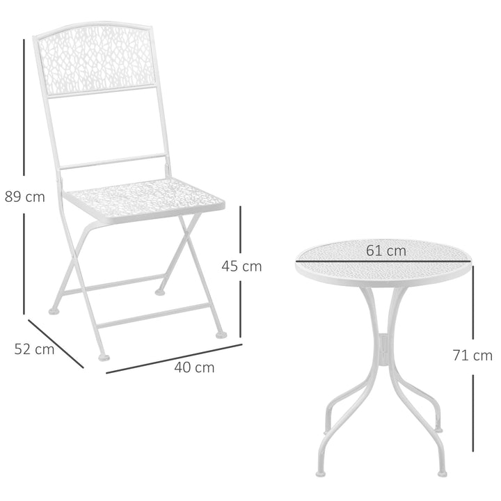 Outsunny Garden Bistro Set for 2 with Folding Chairs and Round Table, Metal Balcony Furniture for Outdoor Indoor Use, White