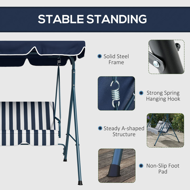 3 Seater Canopy Swing Chair Heavy Duty Outdoor Garden Bench with Sun Cover Metal Frame - Blue