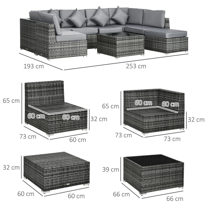 8 Pieces PE Rattan Corner Sofa Set Garden Furniture Set Patio Wicker Sofa Seater w/ Cushion Washable Cushion Cover Tempered Glass Table Grey