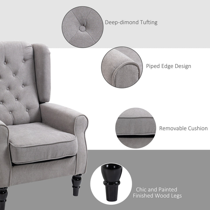 HOMCOM Retro Accent Chair, Wingback Armchair with Wood Frame Button Tufted Design for Living Room Bedroom, Grey