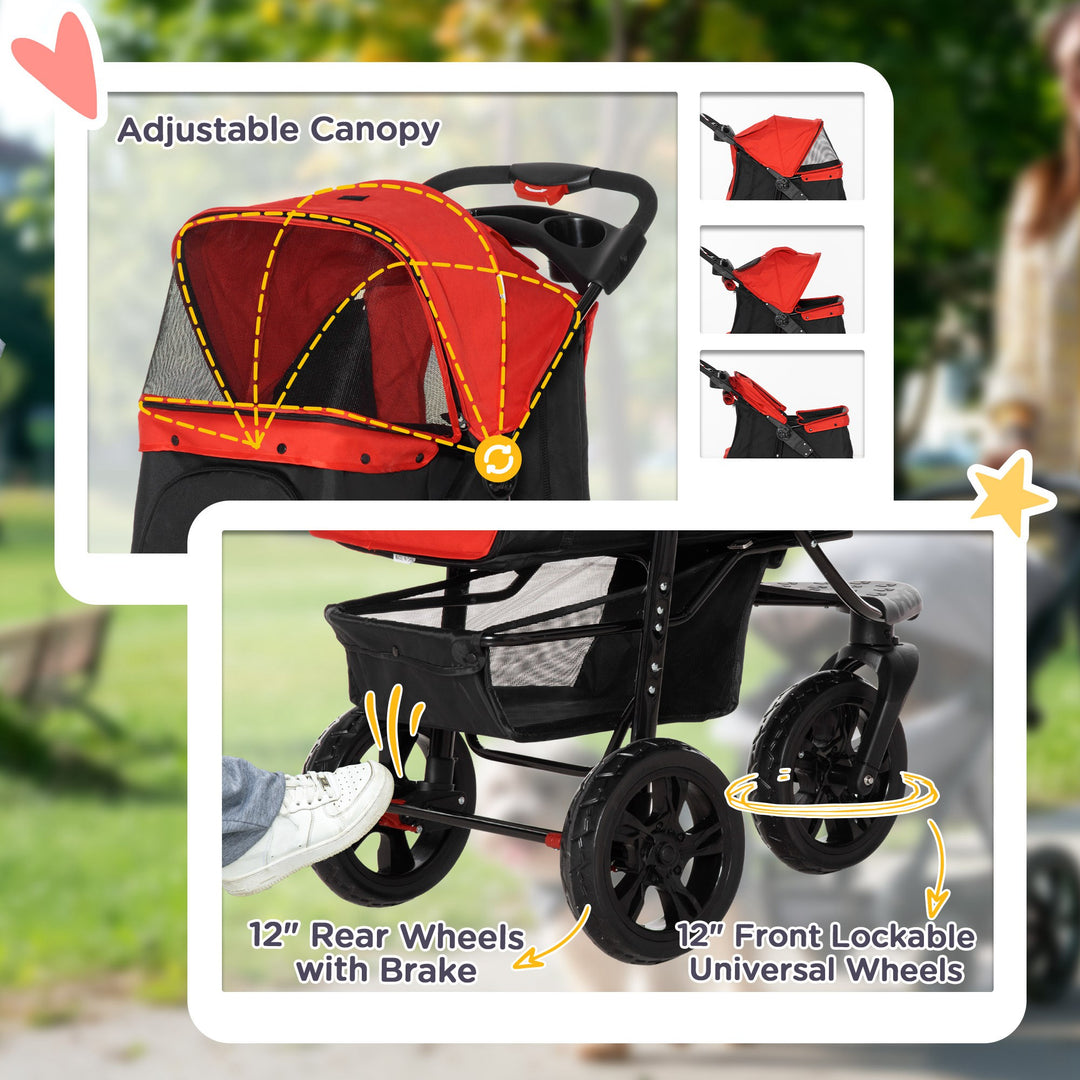 Oxford Cloth Folding 3-Wheel Pet Stroller Dog Trolley Red/Black