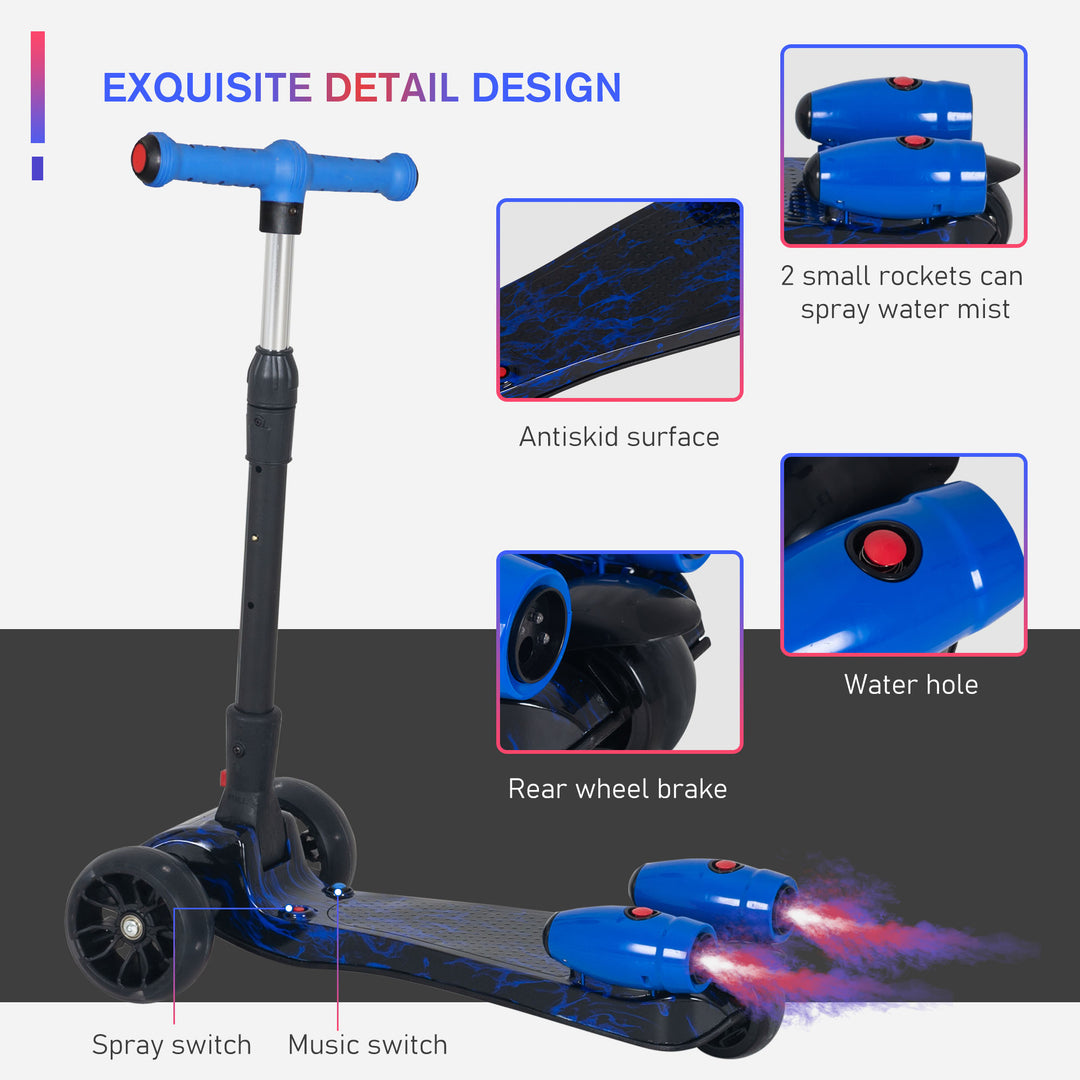 Kids 3 Wheel Kick Scooter Adjustable Height w/ Flashing Wheels Music Water Spray Foldable Design Cool On Off Road Vehicle Blue