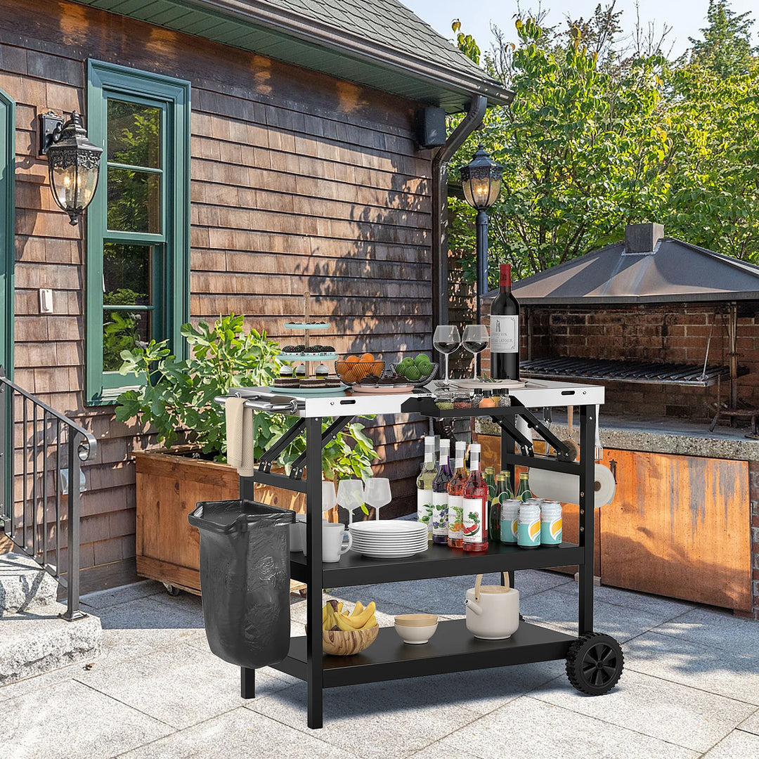 3-Tier Foldable Stainless Outdoor Cart with 2 Wheels-Black